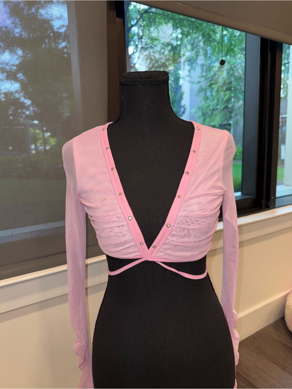 I.AM.GIA Pink Sheer Wrap Long-Sleeve Crop Top with Studs